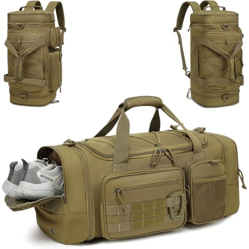 Tonruyn Tactical Duffle Bag Backpack for Men 40-45L Expandable Military Travel Duffel & Sports Holdall Gym Bag with Shoe Compartment Wet Pocket Medium Weekender Overnight for Camping Luggage, Brown
