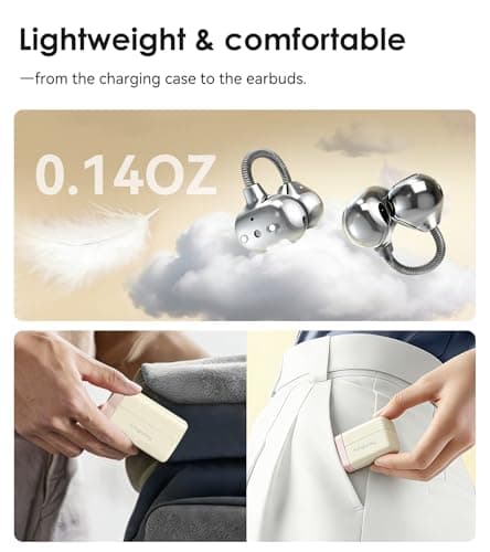 King Lucky Open-Ear Clip-On Earbuds for Running, Bluetooth 6.0 Wireless Headphones with Memory Spring, Secure Fit for Small Ears & Glasses Wearers, 45H Playtime, ENC Mic, IPX5 Waterproof (white) — view 4