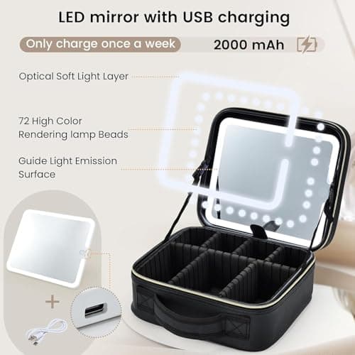 Travel Makeup Bag with Mirror Makeup Case Make Up Organiser Box with Adjustable Compartment Vanity Case Portable Cosmetic Bag Brightness in 3 Color Modes LED Light Mirror, Black — view 3