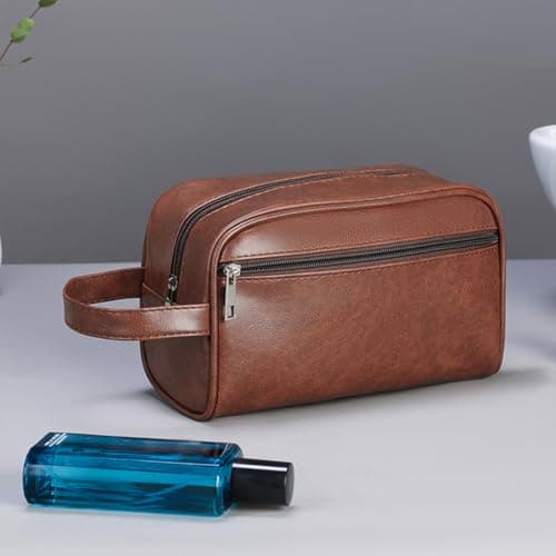 Leather Toiletry Bag for Men, Waterproof High-Capacity Travel Wash Bag, Multi-Functional Mens Toiletry Bags with Organizer, Brown Gifts for Men — view 6
