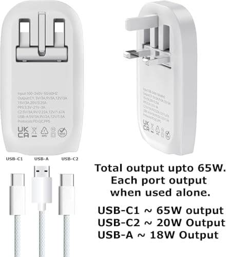TWICK - Ultra-Slim 65W GaN Fast Charger 2x USB-C & USB-A Folding UK Plug PPS Quick Charge for MacBook, Laptops, iPhone, iPad, Samsung Galaxy, Pixel, Tablets, UK Travel Compact Size -WHITE — view 2