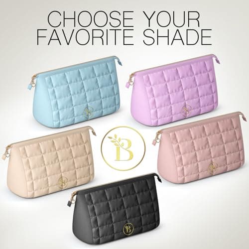 Quilted Black Makeup Bag for Women, Travel Toiletry Bag with Wide-Open Top & Zipper Pouch, Travel Makeup Case Organizer with Internal Pockets, Puffy Cosmetic Pouch for Everyday Essentials — view 6