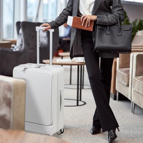 cadciehe 24in Aluminium Frame Hardside Expandable Spinner Wheel Luggage, Front Open Carry on Luggage, Built-in Lock Carry on Suitcase, with Cup Holder & USB Type-C Charging Port & Phone Stand White — view 5