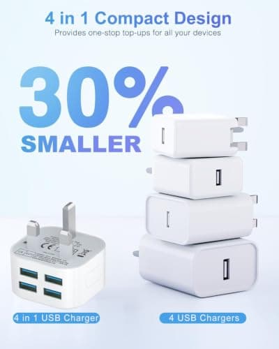 USB Plug,3Pack 25W Multi USB Charger Plugs Adaptor UK 5V/5A Phone Plugs with 4 USB Port Multiple Way 3 Pin Double Mains Charge Head Multiport Charging for iPhone 14 13 12 11 SE XS XR X 8 7 6 5,iPad — view 4