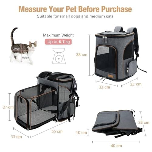 Lekesky Expandable Cat Carrier Backpack - Portable Breathable Rucksack for Medium and Small Cats & Dogs, Foldable with Inner Escape-proof Leash and Pet Mat, Supports 15 lbs (Grey) — view 2