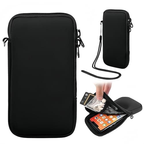 Zhenghebuy Neoprene Phone Pouch,Phone Sock Protects,Mobile Sleeve Case with Zipper,Universal Shock Sock with Neck Lanyards Straps(Black)