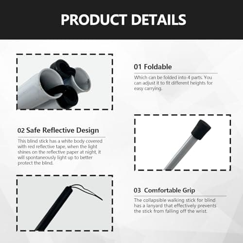 123cm/48.4in Folding Walking Stick Foldable Walking Sticks Blind Stick Night Reflective Blind Sticks Red White Collapsible Guide For Vision Impaired — view 3