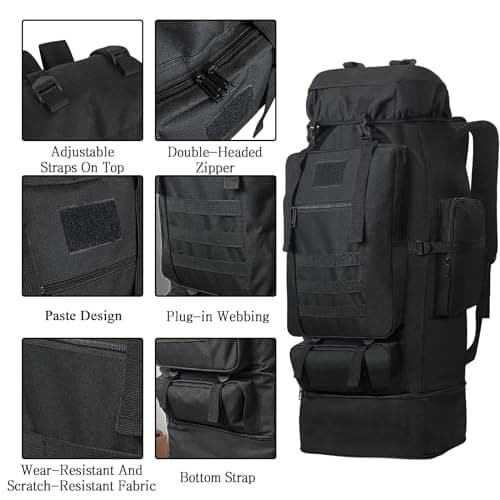 Lizbin 100L Camping Hiking Backpack, Military Tactical Backpack Molle Rucksack, Extra Large Hiking Backpack, Water Resistant Hiking Daypack, Outdoor Sports Backpack, Adjustable Sport Bags (Black) — view 3