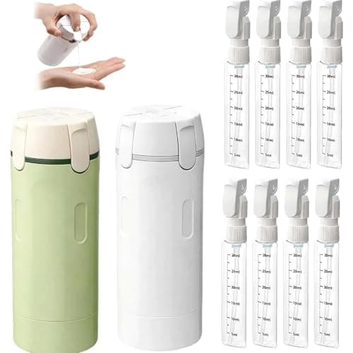 Krfapt 4 in 1 Travel Bottle Dispenser, 4 Pack 30ml Travel Bottles for Toiletries with Scale & Label – Refillable Leak Proof for Shampoo, Lotion, Conditioner, Portable Essentials Set (White+Green)