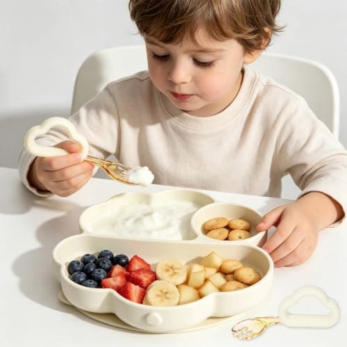 Bebamour Foldable Toddler Feeding Set with Silicone Plate, Fork & Spoon, BPA-Free Self Feeding Set for Toddlers 2-4 Years, Portable Travel Friendly Weaning Tableware, Dishwasher Safe (Beige) — view 4
