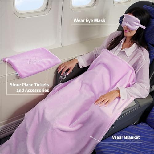 ENZOLVE Travel Blanket Pillow,Airplane Blanket Compact with Bag Eye Mask, Ultra-Soft,Warm & Lightweight Included,Travel Essentials for Women & Men, Luggage Sleeve & Backpack Clip 65x40 in,Purple — view 2