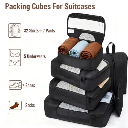 8-Piece Suitcase Organiser Set, Travel Packing Cubes, Black — view 5