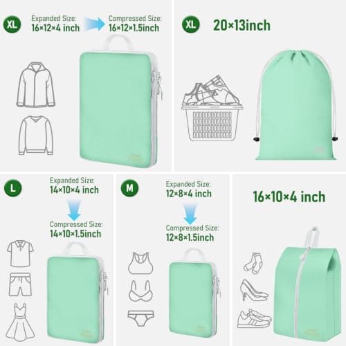 Compression Packing Cubes for Travel, Travel Essentials Luggage Organizer bags for Suitcase, Durable Compression Travel Packing Cubes for Carry on Backpack (Matcha green, 7pcs) — view 2