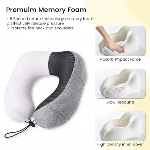 TRENDIQ Travel Pillow for Airplane- Premium Memory Foam with 100% Pure Cationic Cover Neck Pillow for Travel- Adjustable U-Shaped Flight Pillow with Eye Mask, Ear Plugs, Carry Bag & Carabiner Clip — view 2