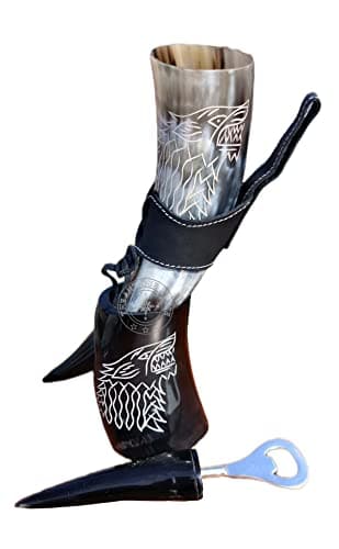 THE ANTIQUE HOUSE Genuine Viking Drinking Beer Horn Mug Wolf Engraving Wine Mead Mug with Stand & Bottle Opner-Leather Holder Food Safe