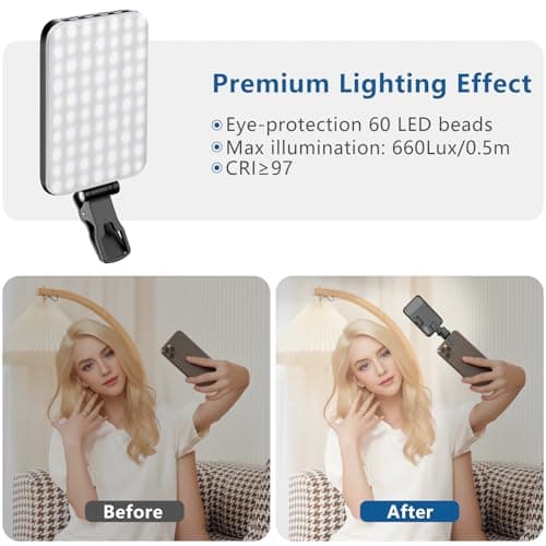 ALTSON 60 LED Portable Selfie Light Video Conference Lighting with Clip and Camera Tripod Adapter, Rechargeable 2200mAh CRI 97+, 3 Lighting Modes for Mobile Phones iPhone Camera Laptop Photo Make-up — view 4