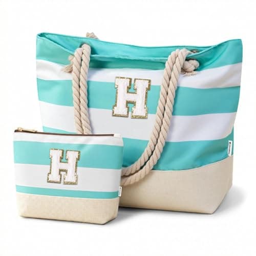 Vavabox Initial Beach Bag with Zip&Pockets, Personalised Gifts for Women(H)