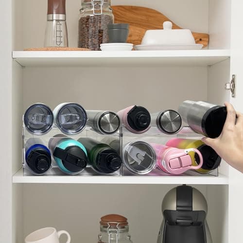 Water Bottle Storage Organiser for Cupboard, Stackable Rack for Fridge Pantry, Plastic Holder for Travel Mug, Tumbler, Thermos Flask — view 4