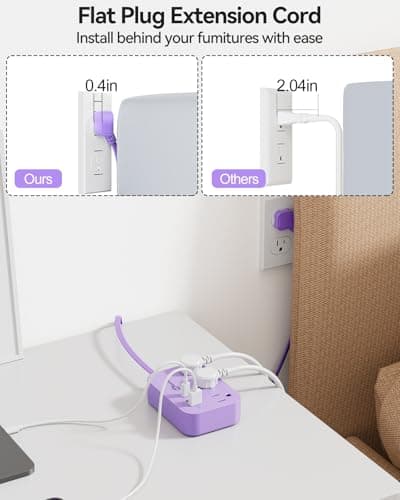Cruise Essentials Purple Extension Cord 5ft, Cute Extension Cord with 3 AC 3 USB Outlets, Travel Flat Plug with USB Charging Station, Compact for Computer Accessories — view 6