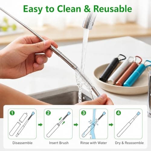 Metal Straws Reusable Drinking, 4 Pack Foldable Travel Straws with Carry Case, 304 Stainless Steel, Adjustable Length up to 23cm, Includes Cleaning Brush, Eco-Friendly — view 3
