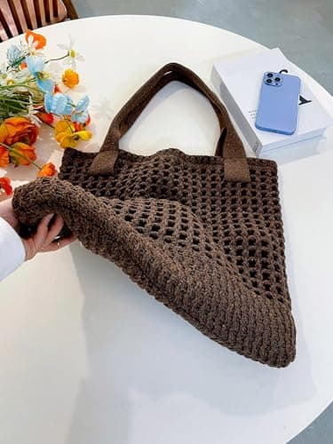 ENBEI Womens Large Beach Tote Bags Shoulder Handbags knit bag Tote bag aesthetic for Beach Crocheted tote cute Tote bags, Coffee, L — view 2