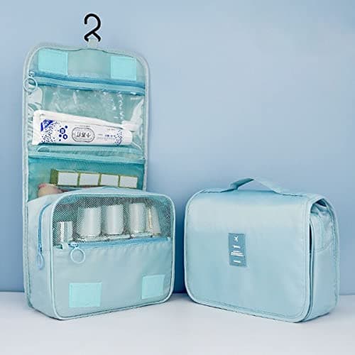 Travel Hanging Toiletry Wash Bag, Veyarien Folding Waterproof Makeup Cosmetic Bags Organizer for Women Ladies Girls (Light Blue) — view 6