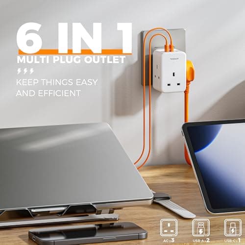 TESSAN 3 Way Multi Plug，Extension Socket with 3 USB Charging Station — view 2