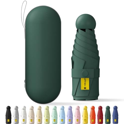 FWHFNB Travel Umbrella, Travel Mini Umbrella, Pocket Umbrella, UV Umbrella, UPF 50+, Portable Lightweight Compact, with Storage Box, for Men and Women (Dark Green)