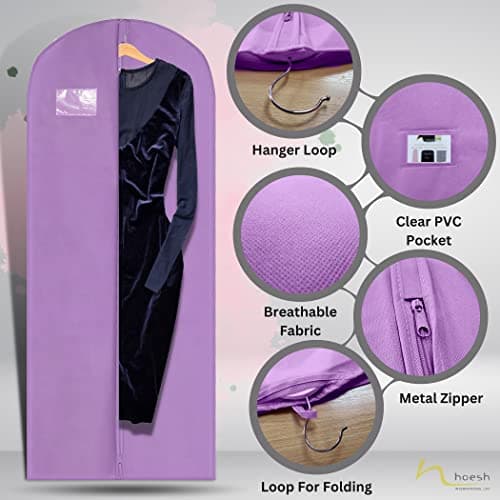 HOESH UK Women 60 & 72 Inches Breathable Bridesmaids Long Zip Wedding Dress Prom Gown Cover Garment Bags (Lilac, 24 x 60 inches) — view 2