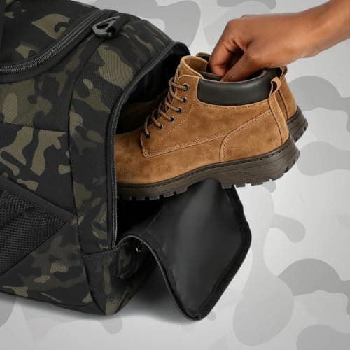 3-in-1 Travel Duffel Bag Backpack for Men Women 45L Tactical Gym Duffle & Sports Holdall Bag with Shoe Compartment & Wet Pocket Carry on Weekend Overnight Bags for Traveling Hiking, Camo — view 6