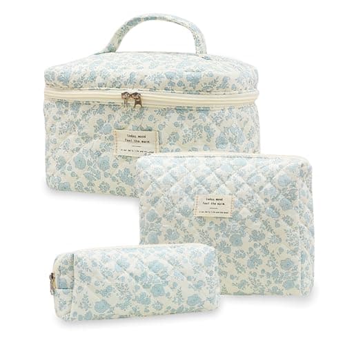 Aucuu 3PCS Coquette Makeup Bag, Quilted Makeup Bag for Women, Floral Cotton Cosmetic Bag Set, Large Capacity Aesthetic Floral Toiletry Bag, Travel Toiletry Bag, Wash Organizer Pouch for Women Girls
