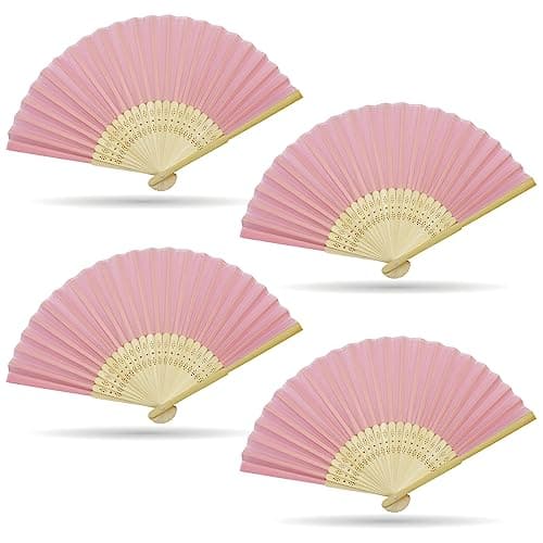 Grantop 4 Pcs Black Folding Hand Fan, Silk Fabric Bamboo Ribs Handheld Fan, Folding Chinese Fan for Wedding Christmas Party Prom Festival DIY Home Decorations (Pink)