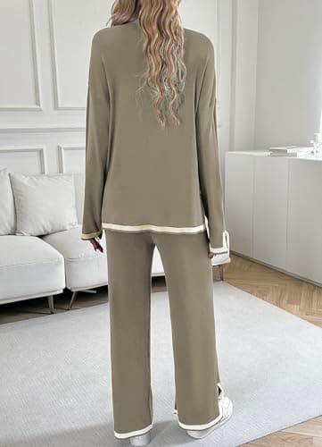 Famulily Womens Sets Clothing Sweater Sets 2 Piece Crew Neck Top Travel Outfits Side Split Hem Khaki XL — view 4