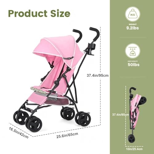 Baby Stroller, Travel Umbrella Stroller with Foldable Pushchair with Adjustable Canopy, Folding Infant Pram Stroller with Storage Basket, Cup Holder, Suspension Wheels for Infants 3-36M(Pink) — view 4