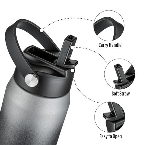 OLDLEY 750ml Insulated Water Bottle with Straw, Stainless Steel Water Bottles with Handle, Leakproof BPA Free Vacuum Metal Flask Keep Hot and Cold for Sports, Travel, Hiking (Grey-Black) — view 2