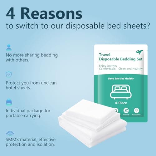 OJMHD 4 Pack Disposable Bed Sheets Set for Travel, Hotel Disposable White Bedding Sheet with Quilt Cover & Pillow Cases, King Size Portable Bedspread Kit for Camping, Business Trip Hospital Camping — view 3