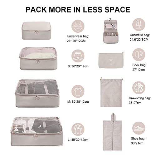 OSDUE Packing Cubes for Suitcases, 8 PCS Travel Luggage Packing Organizers Waterproof Travel Essentials Bag Accessories, Clothes Shoes Cosmetics Toiletries Storage Bags, Beige — view 2