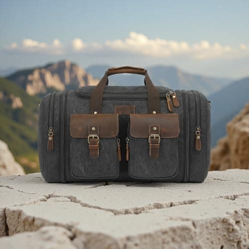 Imyth 60L Large Capacity Leather Duffle Bag - Classic Vintage Expandable Canvas Weekend and Overnight Travel Bag, Airplane Carry-On Luggage (Black) — view 5