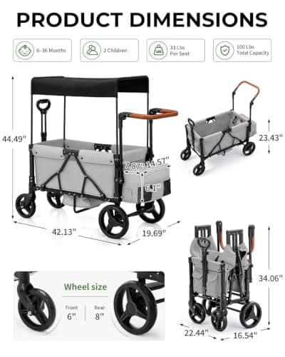 LALAHO Folding Wagon Stroller for 2 Kids with 5-Point Harness, Grey — view 2