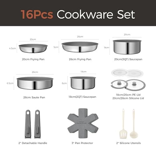 naturepan 16 PCS Ceramic Cookware Set, Stainless Steel Exterior Pots and Pans Set Non Stick, 10x More Durable Super Ceramic Coating, for Induction Hob Pan Set (Grey) — view 3