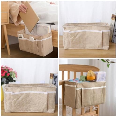 BESPORTBLE Bedside Hanging Storage Bag for Dormitory and Car Use, Beige Cotton Linen Organizer with Multiple Pockets, Bedside Phone Holder and Small Item Storage for Bedroom and Travel — view 5