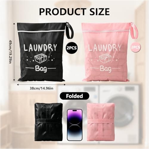 Hounyou 4Pcs Travel Waterproof Laundry Bag, Travel Laundry Bags for Dirty Clothes, Lightweight Small, with Handle & Zipper, for Swimming Home Holiday Camping (Pink, Black) — view 2