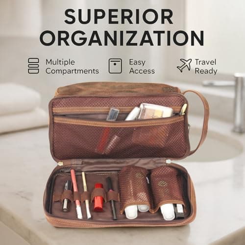 Leather Toiletry Bag for Men - Full Grain Leather Wash Bag - Travel Shaving Dopp Kit Toiletries Organizer - Cosmetic Makeup Bag for Women — view 4