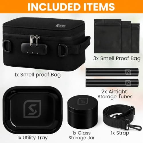 Smell Proof Bag with Lock | Odor Control Travel Organizer | Activated Carbon Smell Proof Container with Accessories | 3 Resealable Bags, 2 Airtight Storage Tubes, Tray & Glass Jar | 12-Month Warranty — view 4