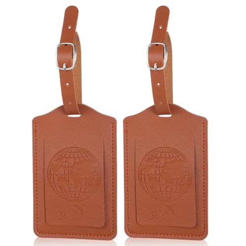 2 Pack Leather Luggage Tags for Suitcase, Brown Travel Tag for Luggage