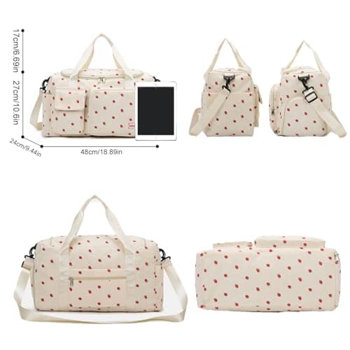 Corduroy Strawberry Sports Duffel Bag,Gym Bag with Shoe Compartment & Wet Pocket,Cute Travel Bag Weekend Bag Dance Bag for Girls (White) — view 4