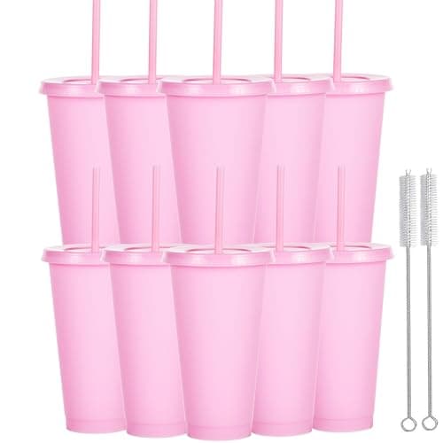 Yisituo 710ml Reusable Plastic Cups, 10 Pack Cold Cups with Lid and Straw, Tumblers Travel Mugs for Adults and Madam Party and Beach, Pool Gatherings (10, Light Pink)