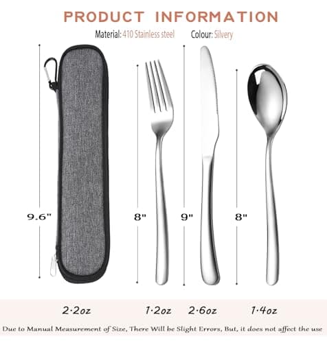 MURRI&MURRDI Stainless Steel Cutlery Set for 1, Travel Knife Fork Spoon with Case, 3 Pieces Cutlery Set for Work Lunch, Portable Reusable Flatware Set for Camping (3 Silvery) — view 2