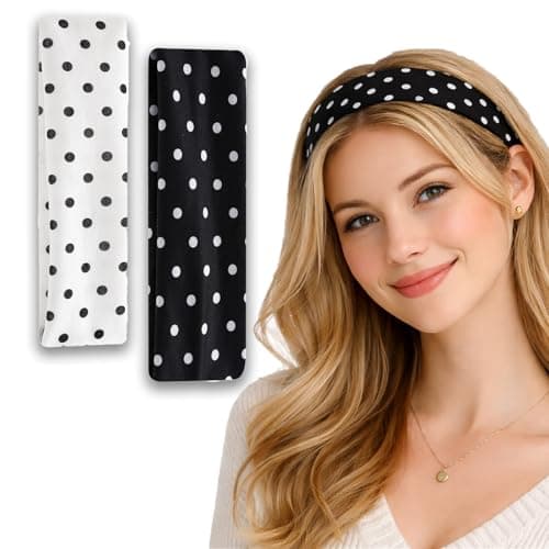 Black and White Polka Dot Sports Headband Set - Elastic Wide Fabric Non Slip Hair Band for Women, Gym, Yoga, Fitness, Running, Daily Wear, Workout Travel Styling, Soft Retro Stretch Headband