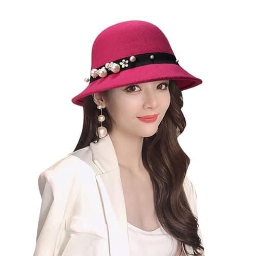 Wool Hat and Winter, Korean Version of British Retro Wool Sunscreen Fishing Hat, European and American Dome Cylinder Hat Stylish, Hot Pink, One Size — view 2
